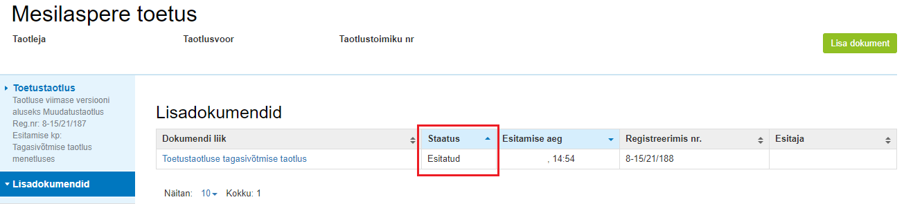 tagasivõtmise staatus tagasivõtmise staatus