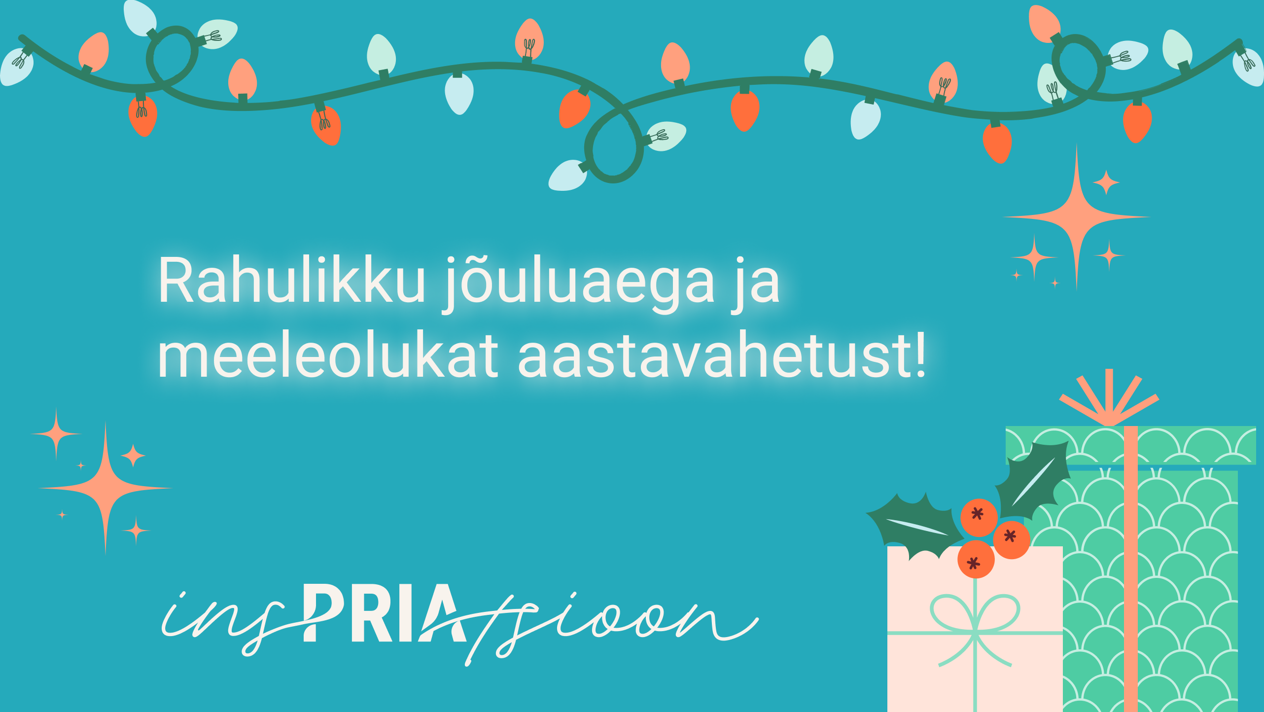 PRIA jõulukaart, millel on kujutatud kingipakke ja jõulutulukesi. Keskel on tekst "Rahulikku jõuluaega ja meeleolukat aastavahetust"