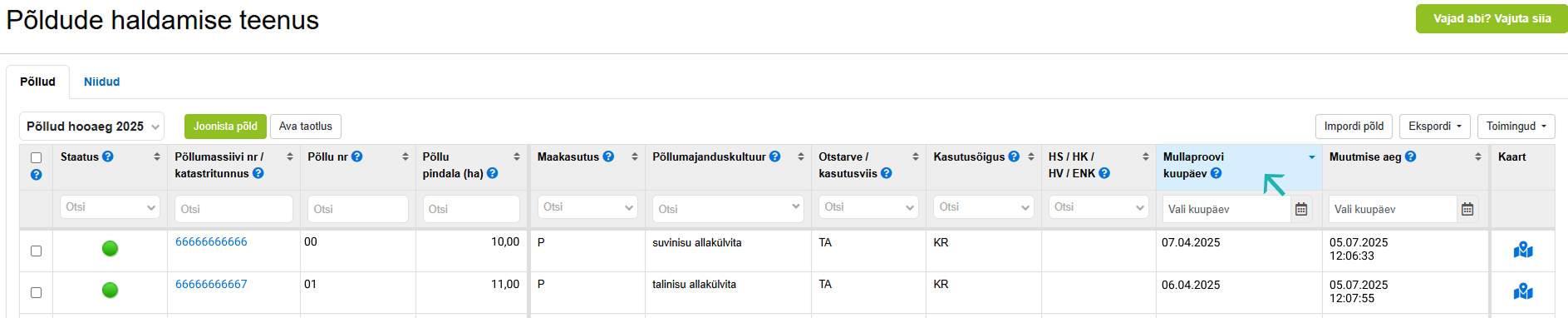 e-põlluraamat, mullaproovi kuupäev