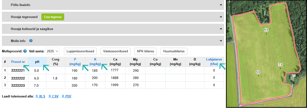 e-põlluraamat, tabel ja kaardivaade
