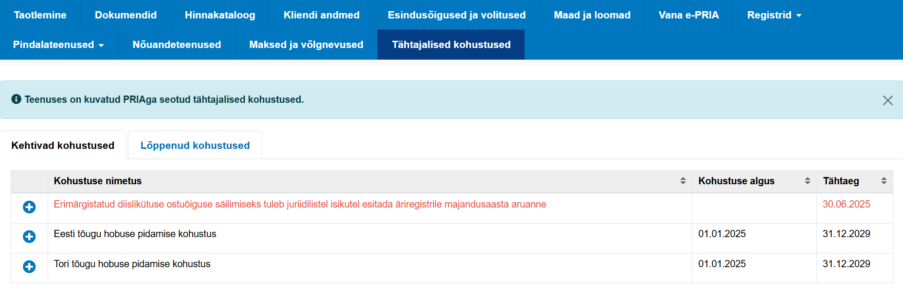 Tähtajalised kohustused e-PRIAs